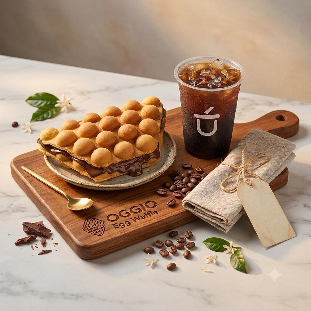 Egg waffle dan kopi Oggio siap disajikan
